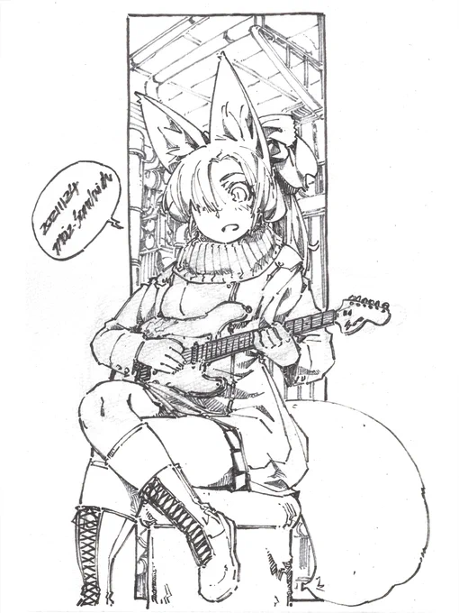 【B5水彩画用紙】軒下のギターとポニーテール。何度描いてもなかなかうまくいかないギター。#線画 #ギター #狐娘 