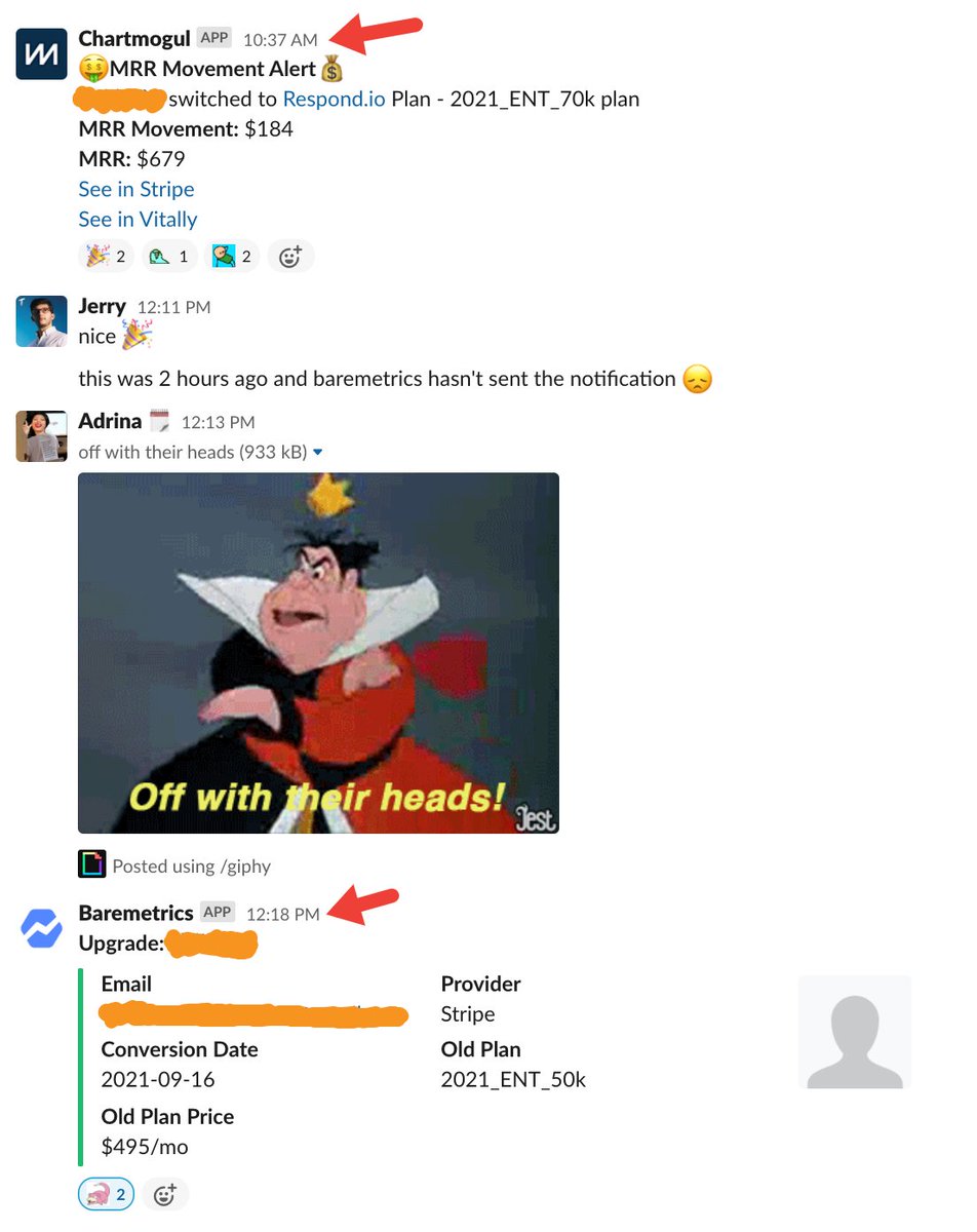 respond_io's tweet photo. Trying to decide between @ChartMogul &amp; @Baremetrics? 
We had to make our own Slack Notification system (using Zaps) for ChartMogul but at least it actually works
¯\_(ツ)_/¯ https://t.co/hxXxO1uvPD
