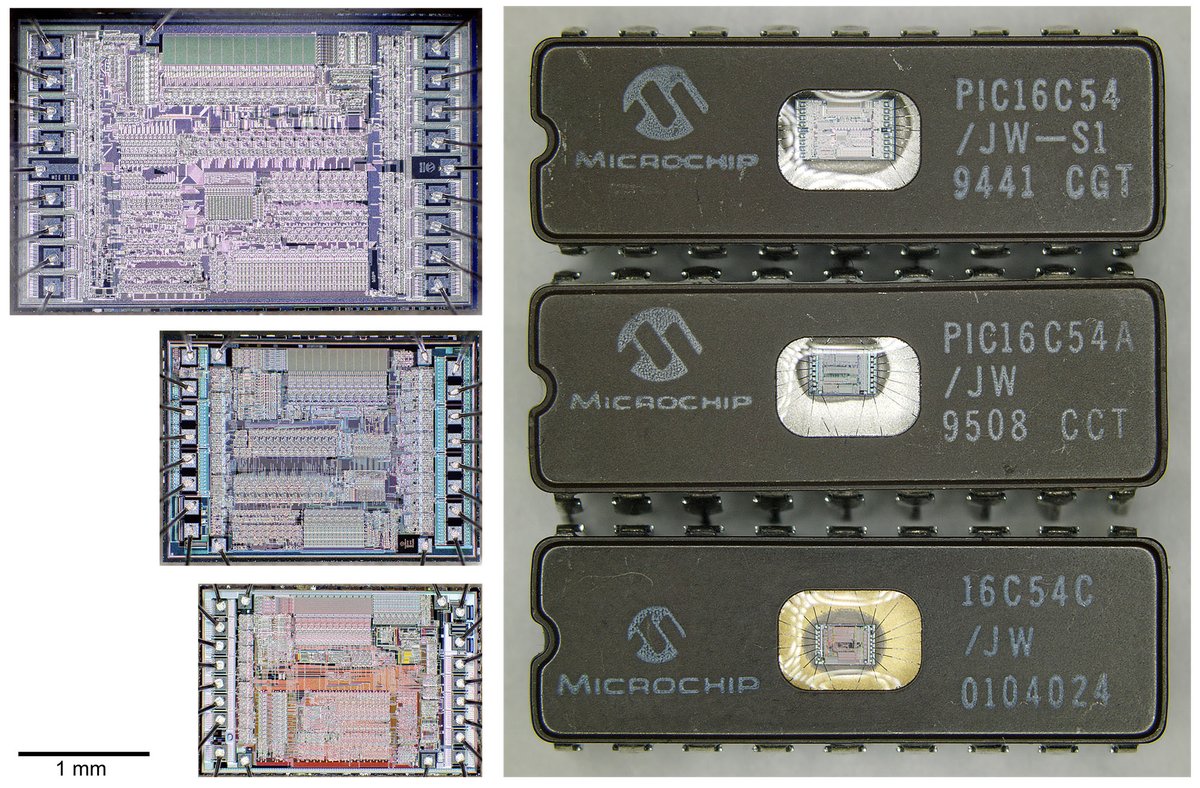 Siliconinsid's tweet image. Honey, I shrunk the PIC!
A visual illustration of thee generations of the Microchip PIC16C54 microcontroller and process change from 1.2µm to 0.9µm and 0.7µm.