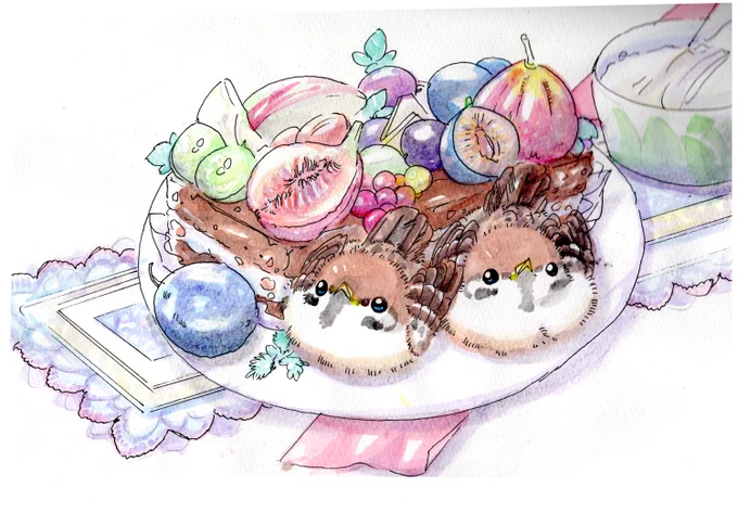 フルーツケーキ(秋の味覚のようなもの)

ちゅんちゅん🐤"
#イラスト #アナログ #鳥 