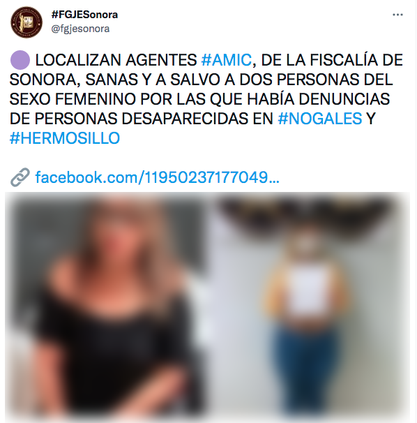 LaGabyMedina's tweet photo. Lamentable q @fgjesonora exhiba de esta manera a mujeres q estaban reportadas como desaparecidas.. ¿son acaso presuntas responsables de algún delito o bajo q argumento lo hacen, fiscal @ClaudiaIndiraC?, ¿es legal o correcto esto?

*Esta captura está blureada, el tuit original no. https://t.co/ITmAg8AnWS