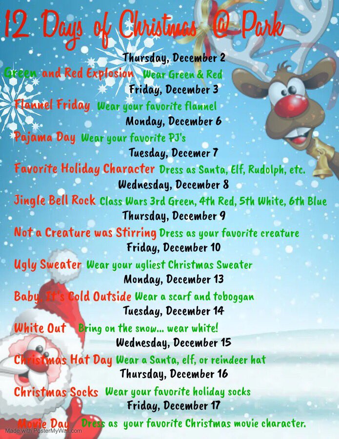 Starting December 2nd, join us for these fun dress up days as we celebrate the 12 Days of Christmas at Park!