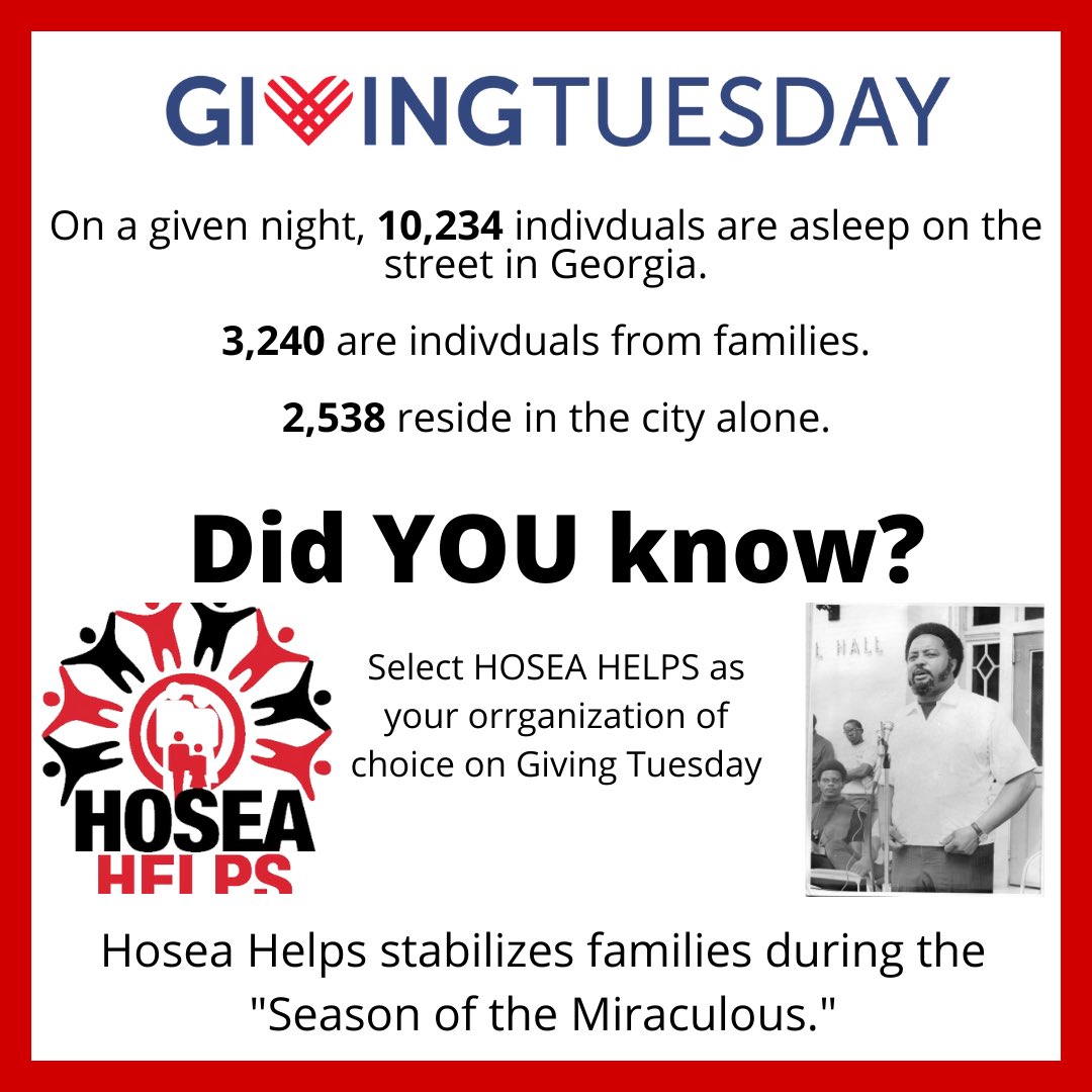 'Support Hosea Helps by selecting us to be your chosen charity of choice on Giving Tuesday, November 30th, 2021. If you would like to help us fundraise to help stabilize families during the Season of the Miraculous, please use 4hosea.networkforgood.com/projects/14334… Donate Today! #GAgives