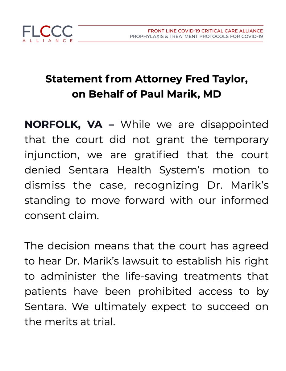 Honest_Medicine's tweet photo. *** BREAKING ***
The Circuit Court in Norfolk will hear Dr. Marik's lawsuit on the right to administer lifesaving treatments to his critically ill COVID-19 patients—medicines which Sentara Health System has banned.
#CriticalUpdate https://t.co/St5RmoQHFz