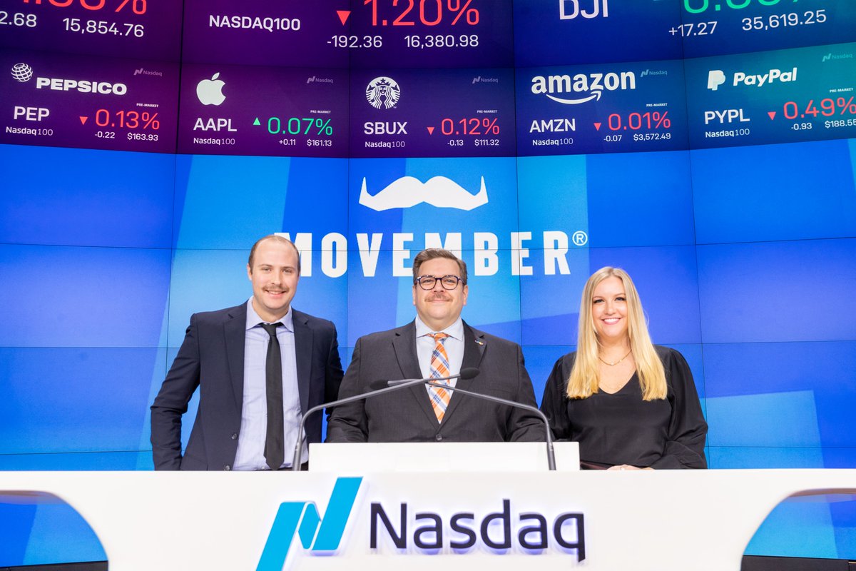 KerryWatterson's tweet photo. I was honored to represent @Movember at the @Nasdaq  opening bell ceremony today. Great fun with a great group of colleagues and supporters from @Philips @KelloggsUS @EsteeLauder @lordabbett @WeWork and more. Learn more &amp; donate: https://t.co/vSCORV6IpM https://t.co/JreNXKXTzn