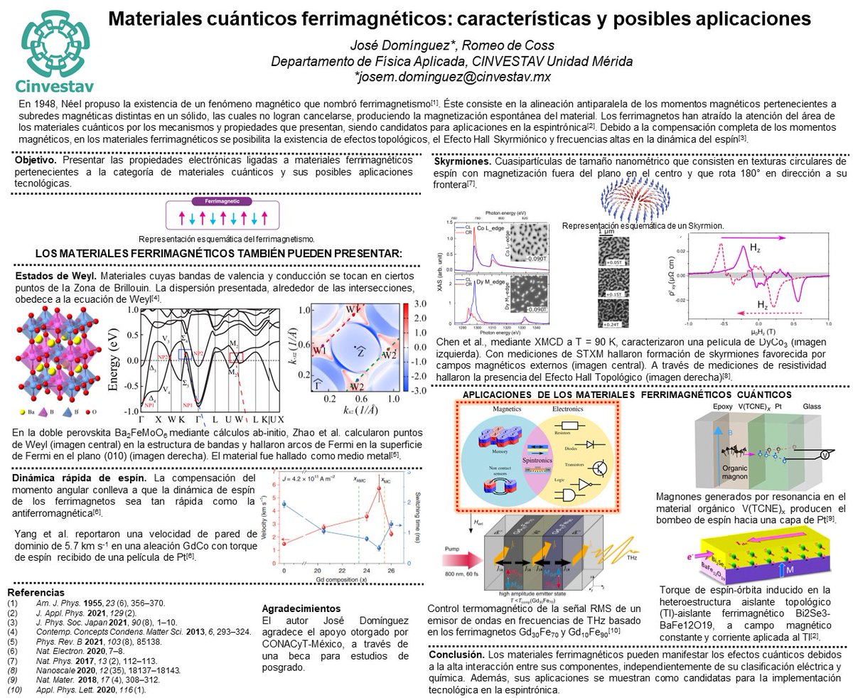 JosDomnaz1's tweet photo. ¡Hola! Les presento mi cartel "Materiales ferrimagnéticos cuánticos: características y posibles aplicaciones". Espero el tema sea de su interés y que dejen sus preguntas en los comentarios. @CINVESTAVMERIDA   #SPFA2021 #FA27 #1D #Cinvestav https://t.co/v2o9NObmxx