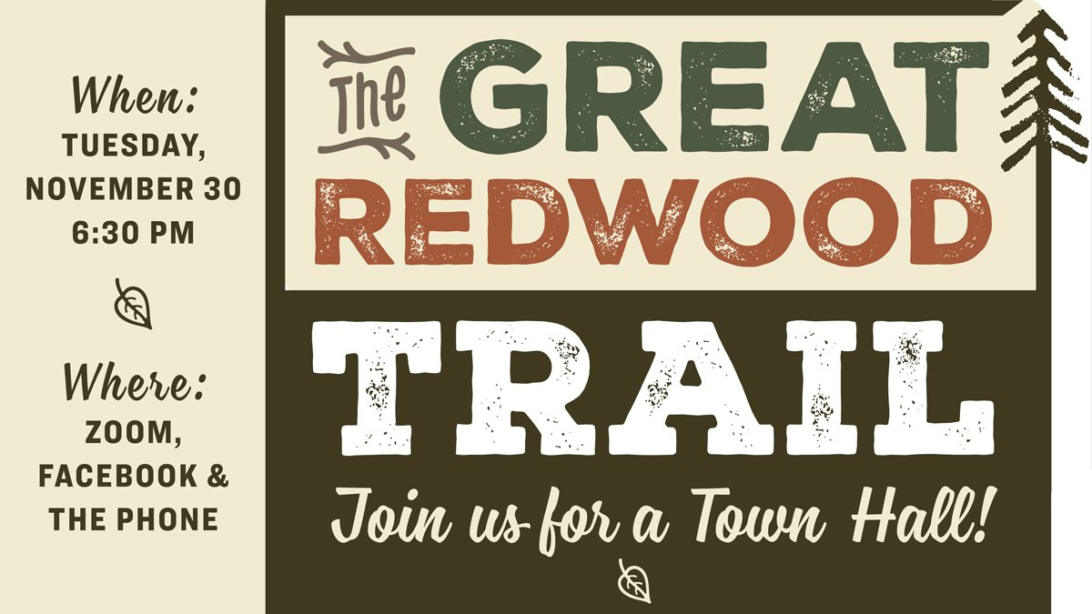 ilike_mike's tweet photo. Before the turkey hits the table, RSVP for our Great Redwood Trail Town Hall!

While several Great Redwood Trail segments have already been built or are on the cusp of being built in and around communities in Mendocino, Humboldt, Sonoma and Marin Counties - hundreds of miles… https://t.co/Pkw2M2NybN