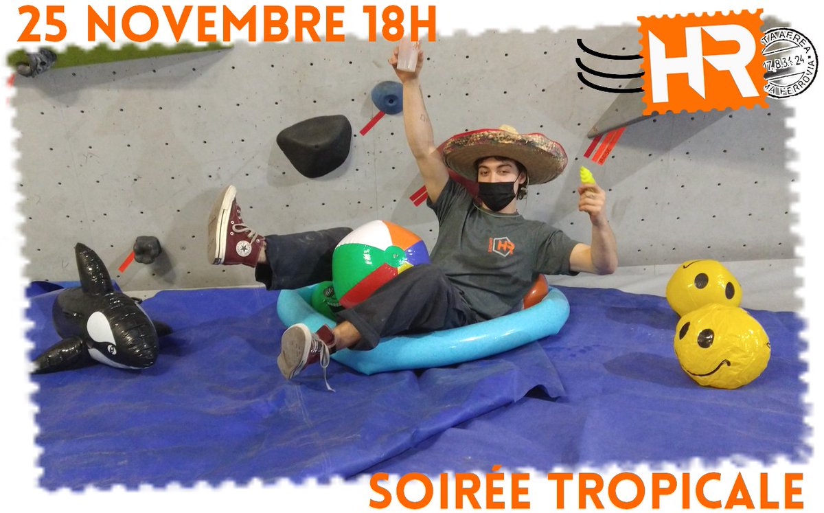 JEUDI 25 Novembre, soirée tropicale <a href="/Horizon_Roc/">Horizon Roc</a> 
soyez des nôtres! GRIMPE, JEUX DE PLAGE 
ET TIRAGES parmi les gens avec des accessoires de plage
facebook.com/events/1100038…