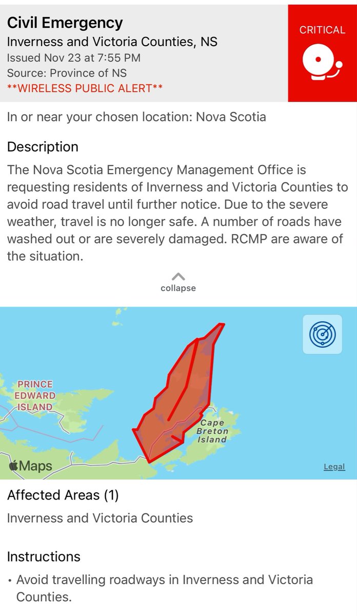 🚨 EMERGENCY ALERT 🚨

An emergency alert has been sent to residents of Inverness and Victoria counties in Cape Breton.

Nova Scotia EMO is requesting that residents of these counties remain off the roads, as road travel is no longer safe due to the severe weather.