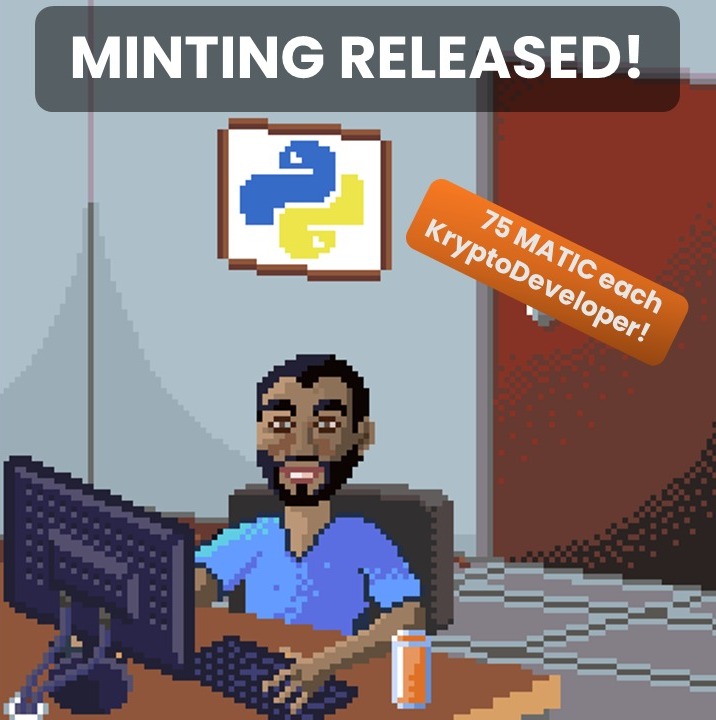_kryptodevs's tweet photo. MINTING RELEASED!
Head over to https://t.co/HMzkcgoLy1 and mint your KryptoDeveloper right now before he goes away!! 👨‍💻👩‍💻🚀

F.A.Q: 
It is deployed on the Polygon Network and costs 75 Matic + fees

KryptoDevelopers social links: https://t.co/eeOBjMdcgN https://t.co/MTn29y2de6