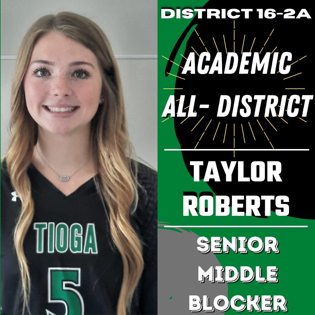 Congrats to Taylor Robert's for receiving ACADEMIC ALL-DISTRICT for District 16-2A! <a href="/taylor_beth5/">taylor roberts</a> 
<a href="/CoachChadRogers/">Chad Rogers</a> <a href="/CoachWafer/">CoachVanessaWafer</a> <a href="/coachannie1996/">Coach Thompson</a> <a href="/NickSparks_15/">Nicholas Sparks 🌵</a> @TiogaGirls @ClubTioga @JoeFragano <a href="/JasonDellaRosa/">Jason Della Rosa</a>