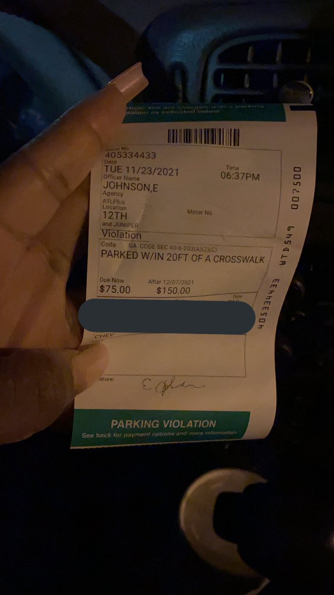 _theycallmesica's tweet photo. What kind of ticket is this? Really -
#APD, for being parked too close to a crosswalk. 10 feet to close! There is no written signage that states this. I guess I’ll just have to take this one to court because who would know this?? #Atlanta #atlantapolice https://t.co/rSuQ2TMfZQ