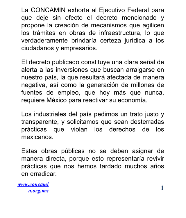 #Comunicado 📝 La #CONCAMIN pide reconsiderar el decreto presidencial sobre obras de infraestructura.