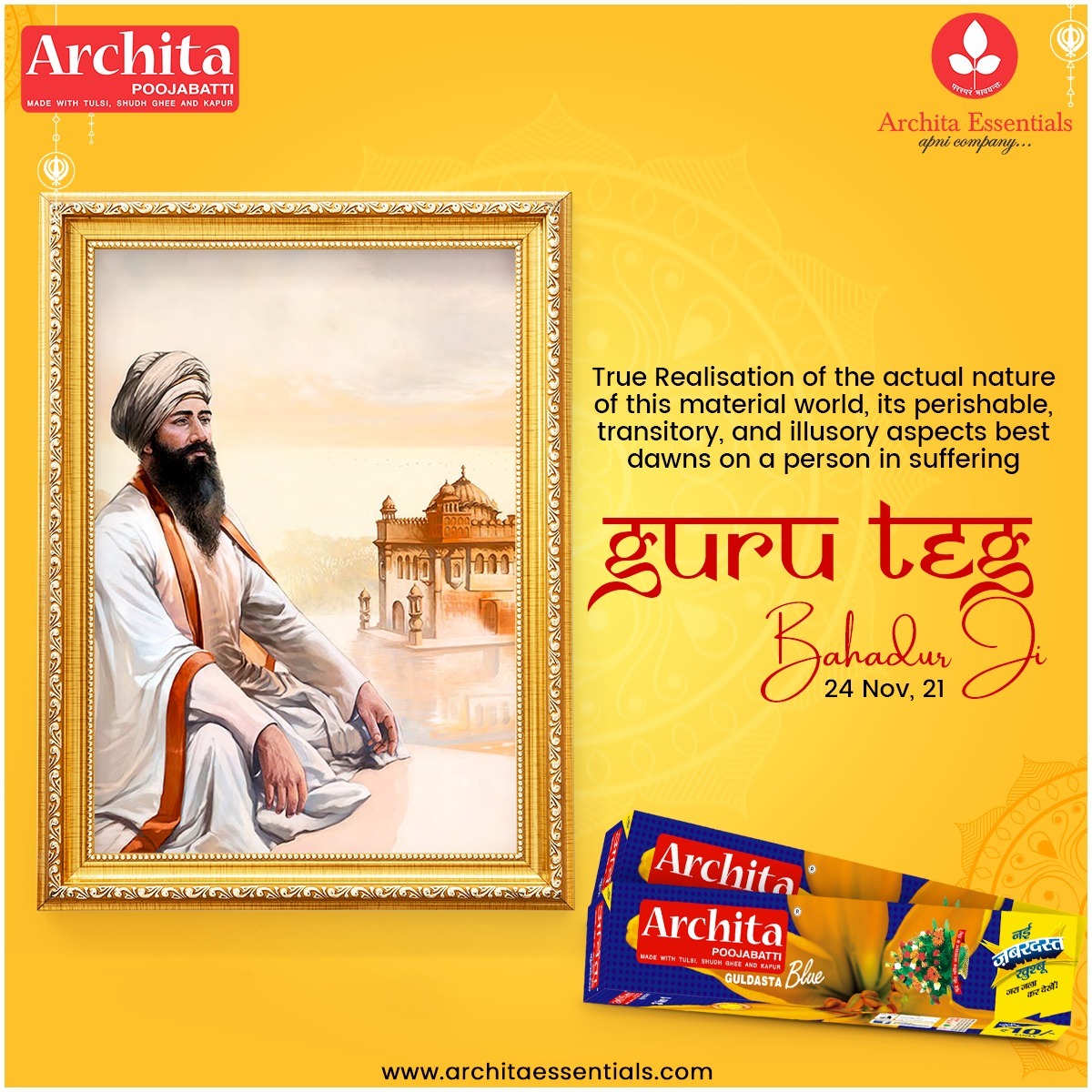 Architapvtltd's tweet photo. #Shri_Guru_Teg_Bahadur_Ji

May this holy occasion enlighten your heart and mind with knowledge and sanctity. 🙏

Buy on Amazon:  https://t.co/V5cd26Xxac
Buy on Flipkart:  https://t.co/Mgnc6wVHDT

#shritegbahadurji #hindkichadar #freedom #architapoojabatti

https://t.co/WGuJCkxBR2 https://t.co/EYjkMHIdDH