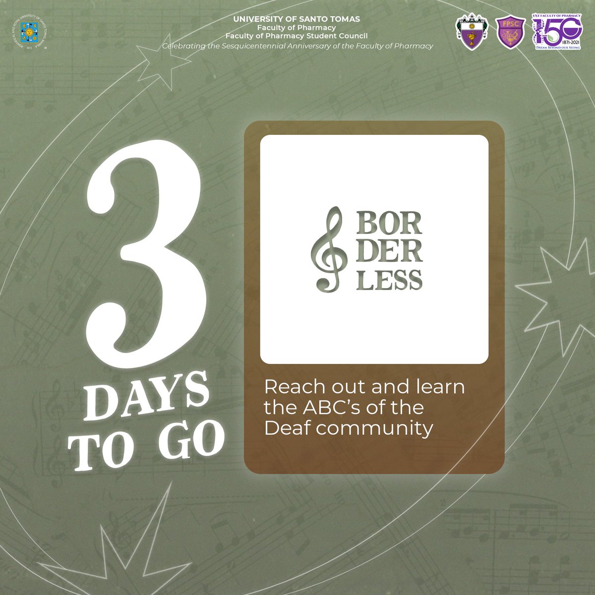 ustfpsc's tweet photo. The countdown begins now, Faculty of Pharmacy! 
3 MORE DAYS until BORDERLESS: Deaf Awareness Orientation, will launch for an afternoon of breaking down barriers with the Deaf and Hard of Hearing Community!
Sign up at:  https://t.co/qB03esbLXR #Borderless2021 
#nowaybutup💜 https://t.co/gs5ouD5bXd