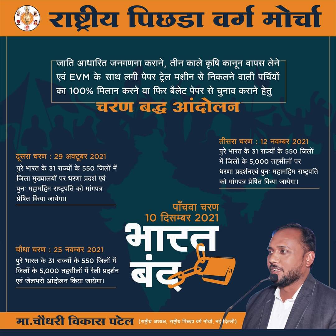 राष्ट्रीय पिछड़ा वर्ग मोर्चा ने चौथे चारण में #25नवंबर 2021 को जेल भरो आंदोलन का प्रदर्शन किया जाएगा ।

पांचवें चरण में #10दिसंबर 2021को भारत बंद का आवाहन राष्ट्रीय पिछड़ा वर्ग मोर्चा के द्वारा किया जाएगा ।

#Jaiमूलनिवासी 🇪🇺🇪🇺
