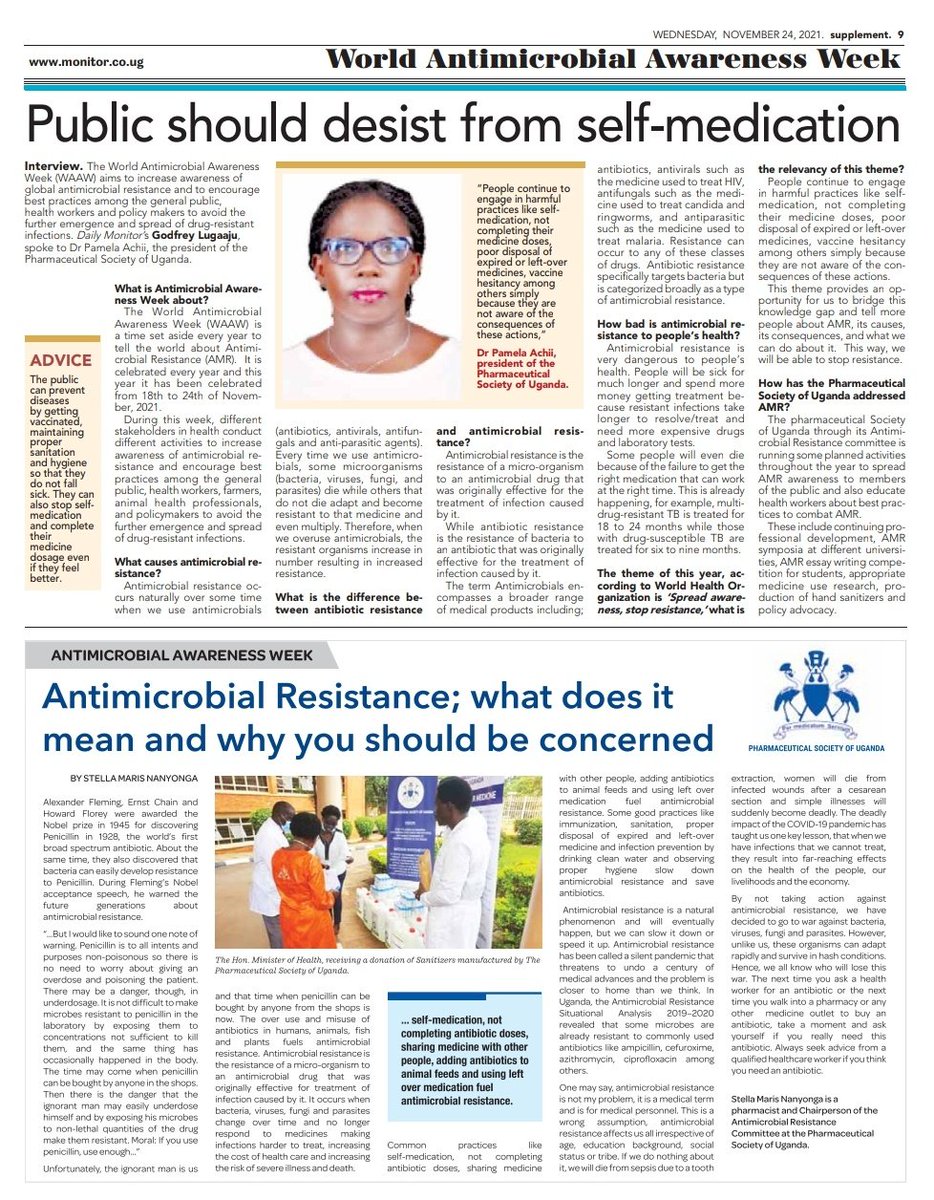 In Today's  Monitor,  <a href="/PharmacistsUg/">Pharmaceutical Society of Uganda</a> crowned the WAAW with a newspaper article from Nanyonga  Stella and a Q&amp;A with the president Dr. Achii. Spread Awareness,  stop resistance #WAAW #AMR