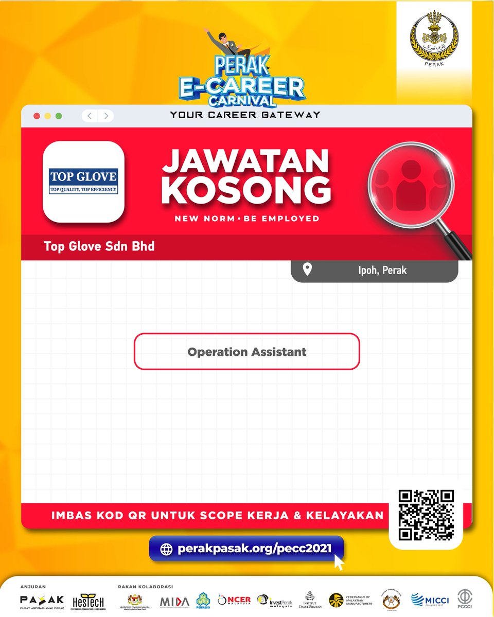 perakpasak's tweet photo. PERAK E-CAREER CARNIVAL 27 & 28 NOVEMBER 2021
📢 JAWATAN KOSONG TOP GLOVE SDN BHD 📢
SATU (1) kekosongan jawatan:
🟡 Operation Assistant
https://t.co/wbEcxbscrz
#PECC
#GerbangKerjayaKome
#TalentPerak
#NewNormBeEmployed
#SumberManusia
#Perak
#PASAK
#PusatAspirasiAnakPerak https://t.co/hANkQp7fcp