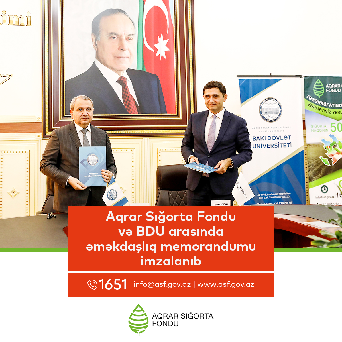 Aqrar Sığorta Fondu və ölkənin böyük tarixə malik olan ilk ali təhsil müəssisəsi – Bakı Dövlət Universiteti arasında əməkdaşlıq barədə memorandum imzalanıb.

➡️ bit.ly/3oW8lpX
☎️1651

#ASF #Aqrarsigorta #BakıDövlətUniversiteti