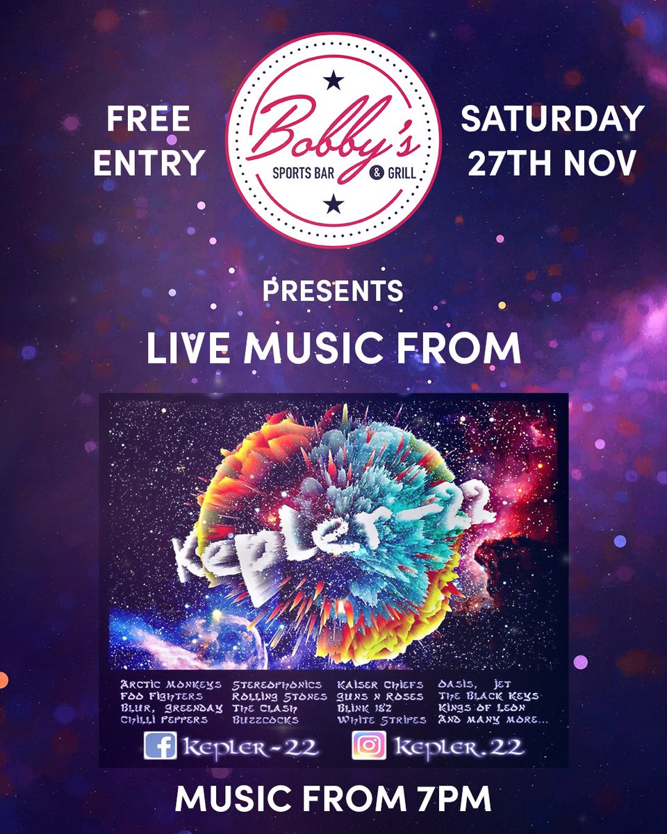 Bobby’s Presents| 🎵

Live music from Kepler-22 this Saturday.

📆 Saturday 27th November 
🕖 7PM
📍 Bobby’s Bar, Chatham Town, ME4 6LR

#livemusic #localevents #localmusic #medway #kent #chatham #thingstodo #nightsout