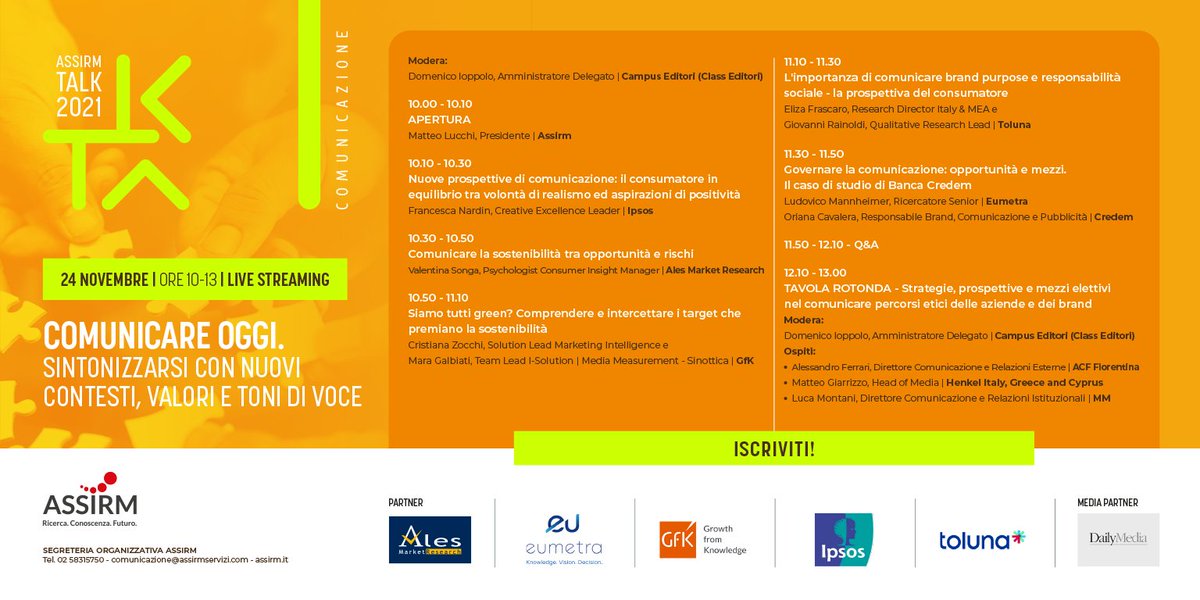 AssirmRicerca's tweet photo. 🔊 #ASSIRM TALK #COMUNICAZIONE – in live streaming ora!
Iscriviti e collegati👉🏼https://t.co/slOrBogykM
#TalkComunicazione #RicercheDiMercato #RicercheDiValore #Conoscenza #Brand #Sostenibilità #consumatore @AlesResearch @EumetraMR @GfK_Italia @IpsosItalia @TolunaCorporate https://t.co/0bzWcmXP5E