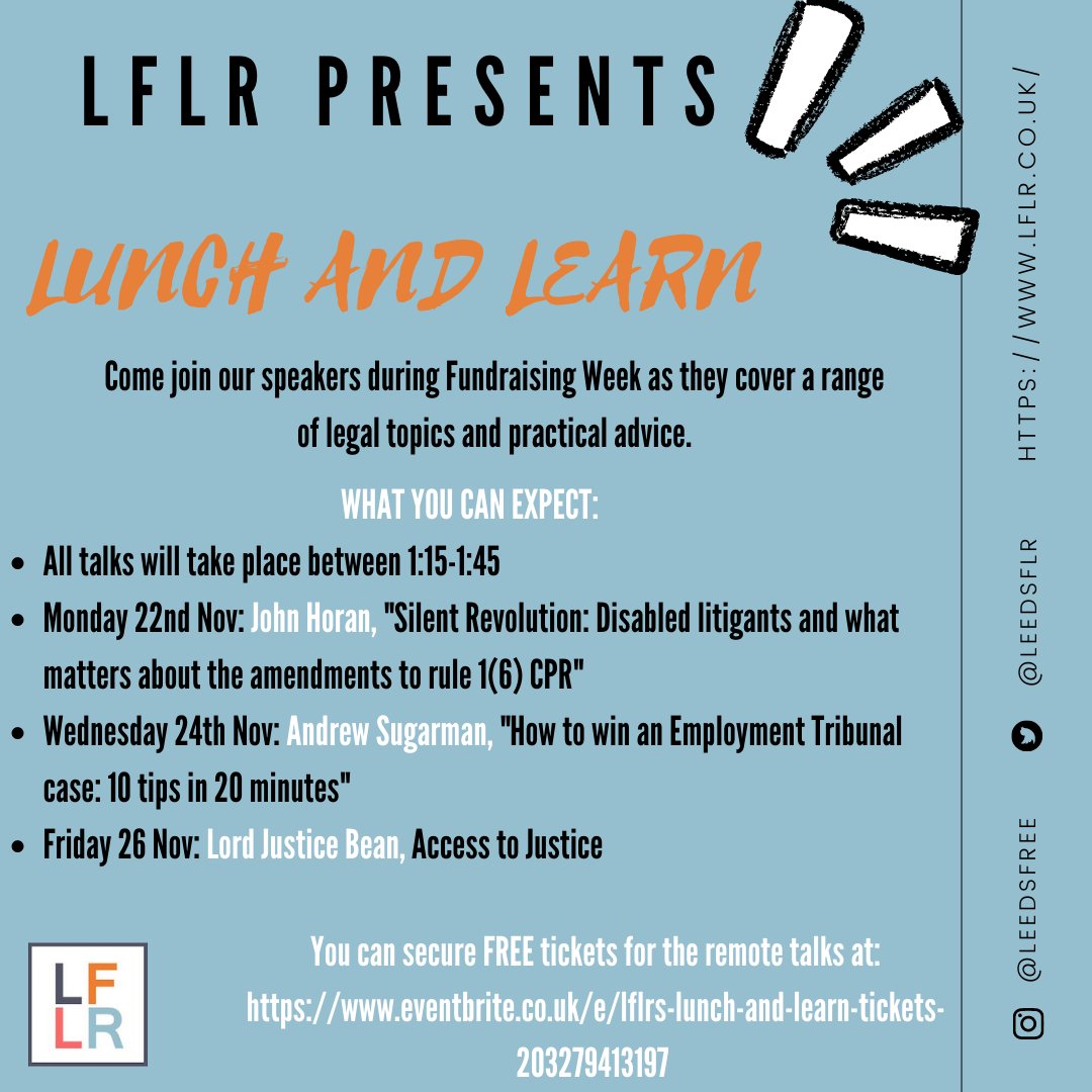 LeedsFLR's tweet photo. There are limited tickets still available for this afternoon's Employment law talk. Registration closes at 12pm: https://t.co/NSYJYoNuV5

Consider donating to help us provide free services throughout Yorkshire: https://t.co/qnECqNMzcF

#LFLRFundraisingWeek #Employmentlaw https://t.co/UgquekGz0X