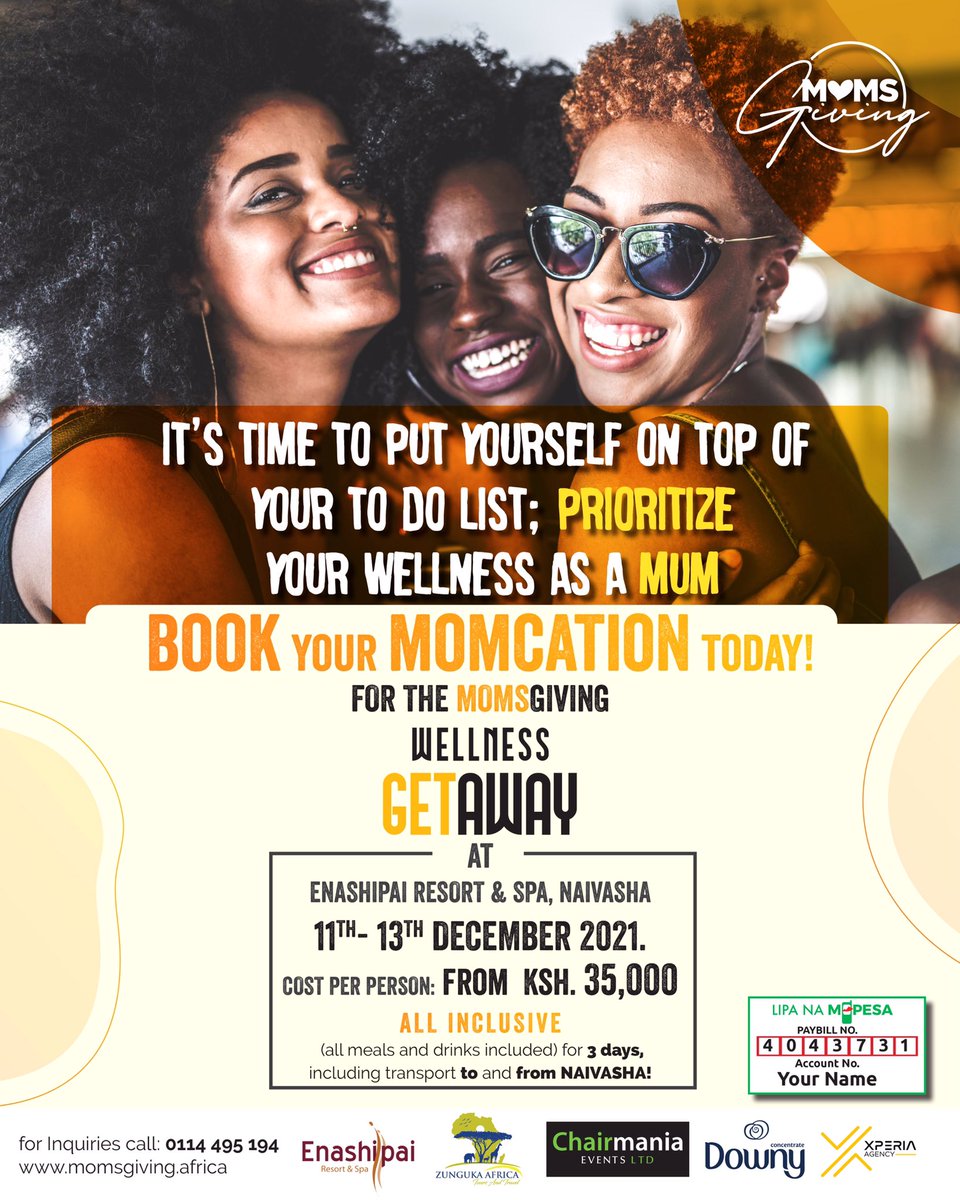 momsgiving's tweet photo. Have you booked your spot yet? If not, what are you waiting for?
Here’s a chance to unplug and refresh! 

Join us this 11, 12  &amp; 13th December for the Momsgiving Wellness Getaway at Enashipai.

#momsgiving #momsgivingafrica #momsgiving2021 #wellness #selfcare https://t.co/u5mVI9jz2B