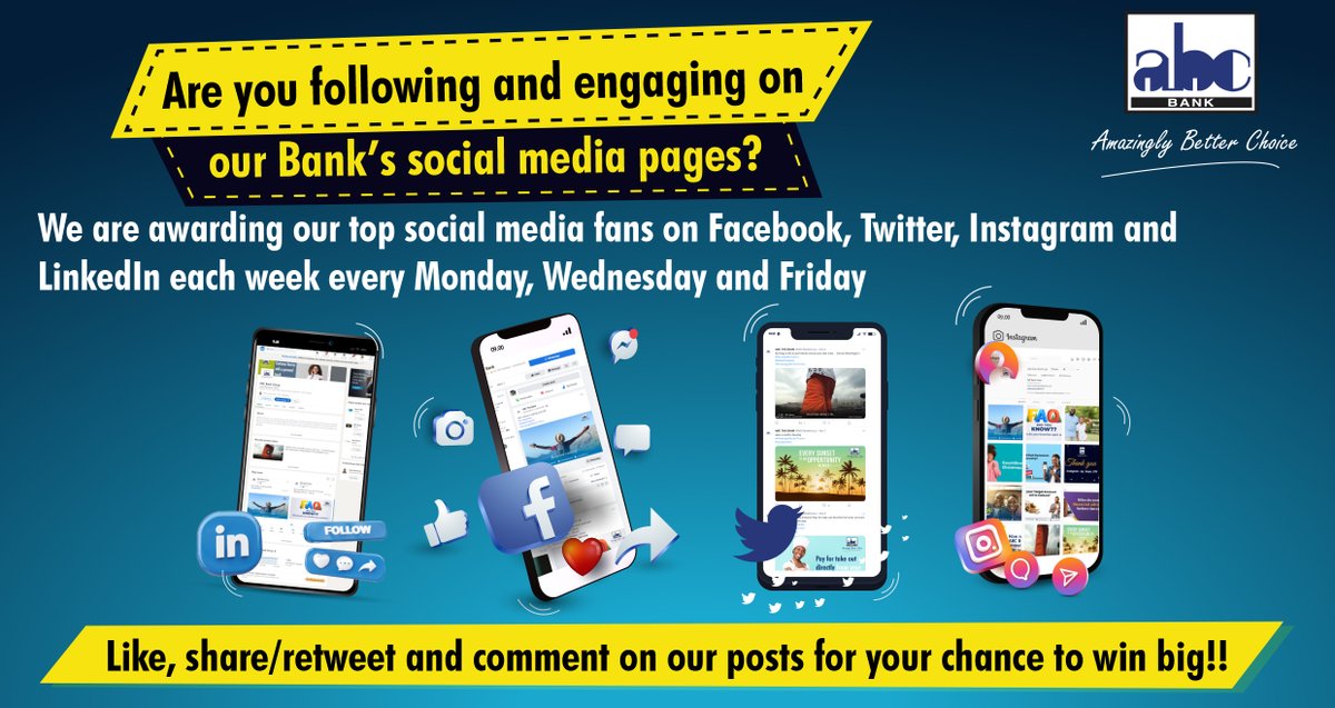 ABCBankGroup's tweet photo. Are you following and engaging on our Bank's social media pages?
#Giveaways 
#wednesdaythought 
#AmazinglyBetterChoice https://t.co/Zp4BZ9r0hh