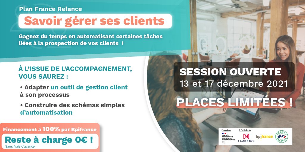 #SAVETHEDATE : Vous souhaitez améliorer votre relation client ? L'accompagnement "Gérer ses clients" est pour vous !

🚨 Ne manquez pas la prochaine session d'accompagnement (13 et 17 décembre).

👉 Inscription sur : zurl.co/OUbS