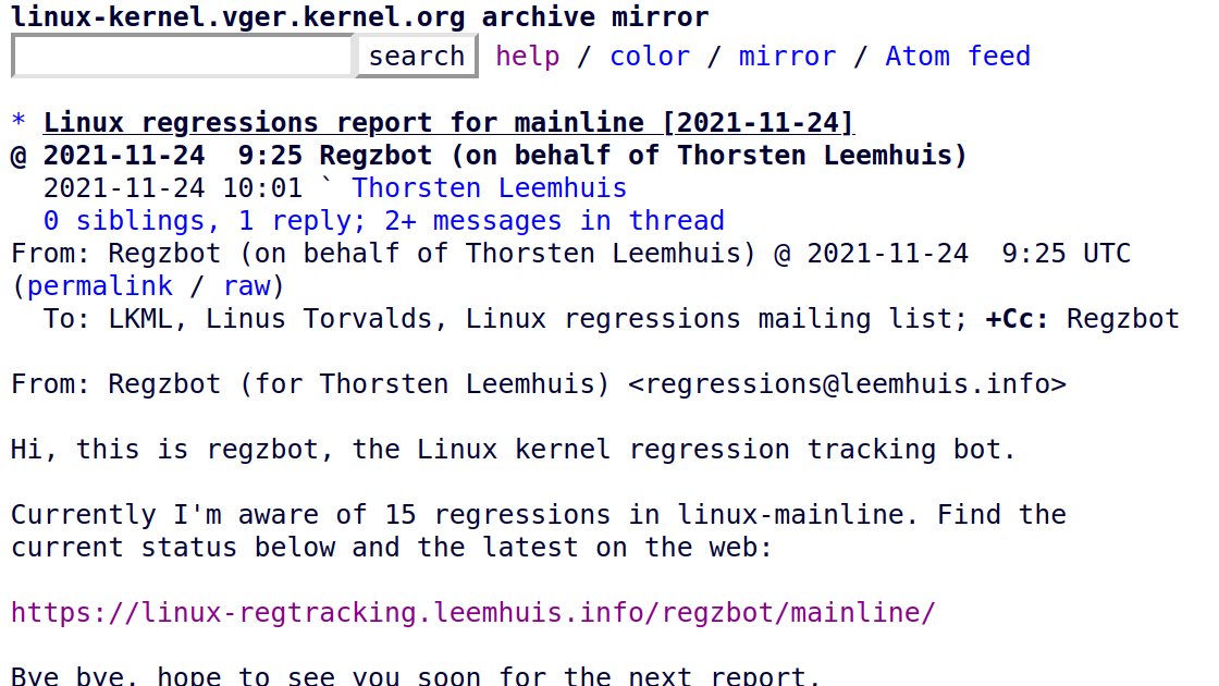 kernellogger's tweet photo. #regzbot, my #Linux #kernel regression tracking bot, sent his first "Linux regressions report" today. Find it on #LKML and let me known what you think about it: https://t.co/qlCZcTgUpF https://t.co/tAsuNplL7C