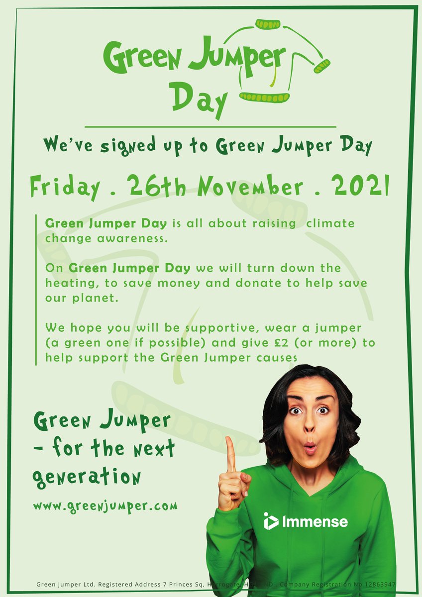Immense (@immense_ai) on Twitter photo We've signed up to <a href="/GJumperDay/">Green Jumper Day</a>! This Friday, we will be turning down the heating to raise awareness about climate change and what can be done to mitigate it: greenjumperday.com
#greenjumperday #climatechange #climatechangeawareness #reforestation #sustainability #GreenFriday We've signed up to <a href="/GJumperDay/">Green Jumper Day</a>! This Friday, we will be turning down the heating to raise awareness about climate change and what can be done to mitigate it: greenjumperday.com
#greenjumperday #climatechange #climatechangeawareness #reforestation #sustainability #GreenFriday