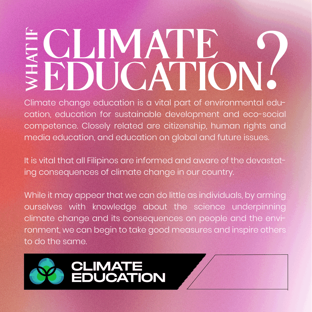 aptas_acsci's tweet photo. DAY 3: National Climate Change Consciousness Week 🌍

Educate. 🧠 Motivate. 💯 Activate.🫀 Let Climate Literacy be stirred on our 3rd Day for Climate Change Series! 💥 https://t.co/zc7LeqBfTD