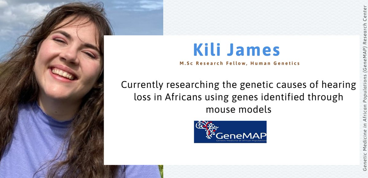 GeneMAPOfficial's tweet photo. #GeneMAP Team-Ms Kili James is our https://t.co/ZvLTydMWZq Research Fellow (Human Genetics). She is passionate about genetics research in Africa and plans to use genetics as a tool to improve disease diagnosis in resource limited settings. Good luck Kili.#WomenInSTEM #Genetics https://t.co/XOZ2vGSDfJ