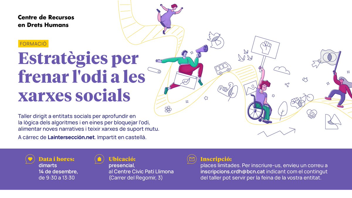 BCN_CiutatDrets's tweet photo. 🔛 #Formació: estratègies per frenar l'odi a les xarxes.

👉Per a entitats socials.
🧑‍🏫Impartida per #LaIntersección @Komons_org.
🗓️14 de desembre, de 9:30 - 13:30 h.
📍Presencial, al Pati Llimona.

📝Si us interessa, escriviu a inscripcions.crdh@bcn.cat.

#SetmanaDretsHumans https://t.co/mqKobzAje1