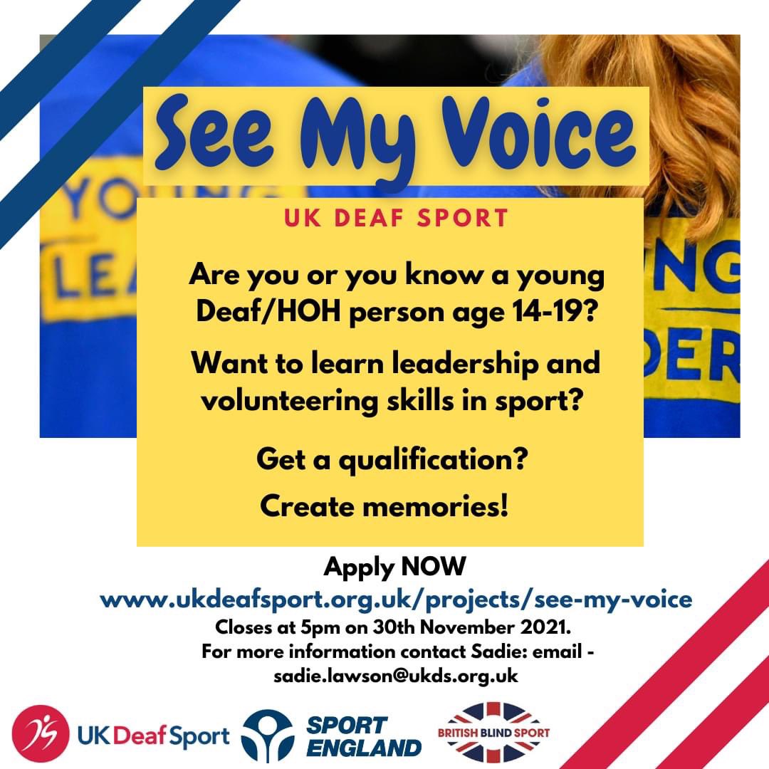 deafsport's tweet photo. We have an exciting course for Deaf HOH young people between 14-19 called See My Voice

 Gain leadership skills, responsibilities and personal development.  Plus a 3 day trip away!

At the end you'll get a qualification to show for it. Apply on our website
https://t.co/z1jMD4PDuz https://t.co/jtTaJnpsBl