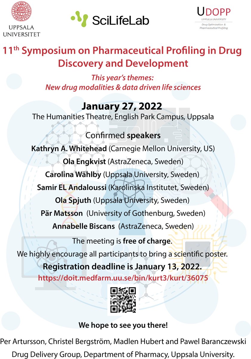 📢📢📢Don´t miss to register for the 11th Symposium on Pharmaceutical Profiling @UU_University - now open! 
Meet us there!
#drugdiscovery #ArtificialIntelligence #biologics #oligonucleotide

@UDOPP_ADMEoT <a href="/FFakulteten/">Farmaceutiska fakulteten</a> <a href="/scilifelab/">SciLifeLab</a>
