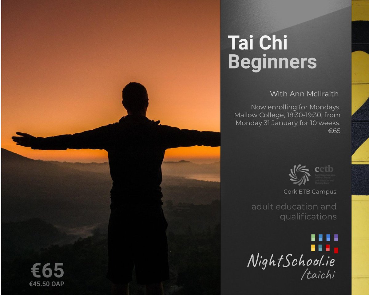 Tai Chi: Tai Chi for Beginners makes a welcome return to Mallow College for the new year.

nightschool.ie/taichi

Mallow College of Further Education, 18:30-19:30, from Monday 31 January for 10 weeks. €65