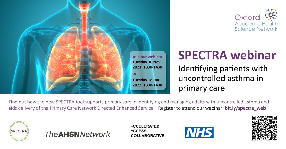 HINSouthLondon's tweet photo. Calling those involved in asthma care - join @OxfordAHSN on 30 November 13.30 - 14.30 to find out about SPECTRA, a new tool helping primary care clinicians identify &amp; manage patients with uncontrolled asthma. Register here: https://t.co/9yN4mHnf3A https://t.co/zwg1QmVfVG
