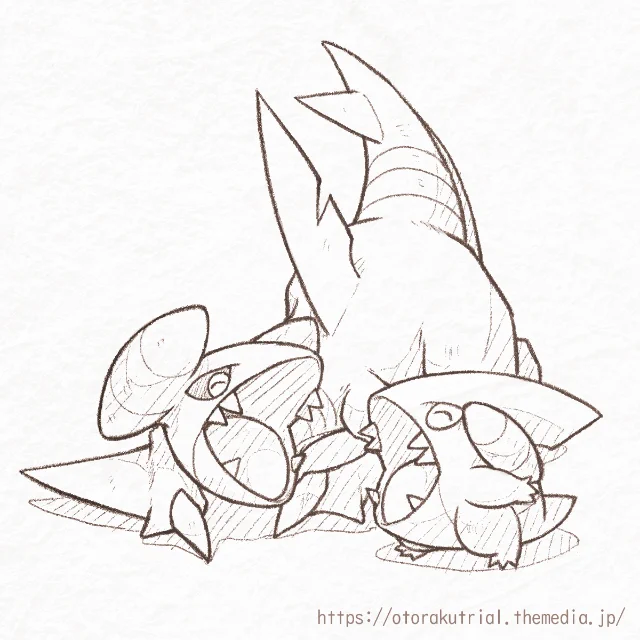ポケモン描いてみました・その36
こんなにおおきくあきました。

#ポケモンイラスト 
#フカマル #ガバイト 