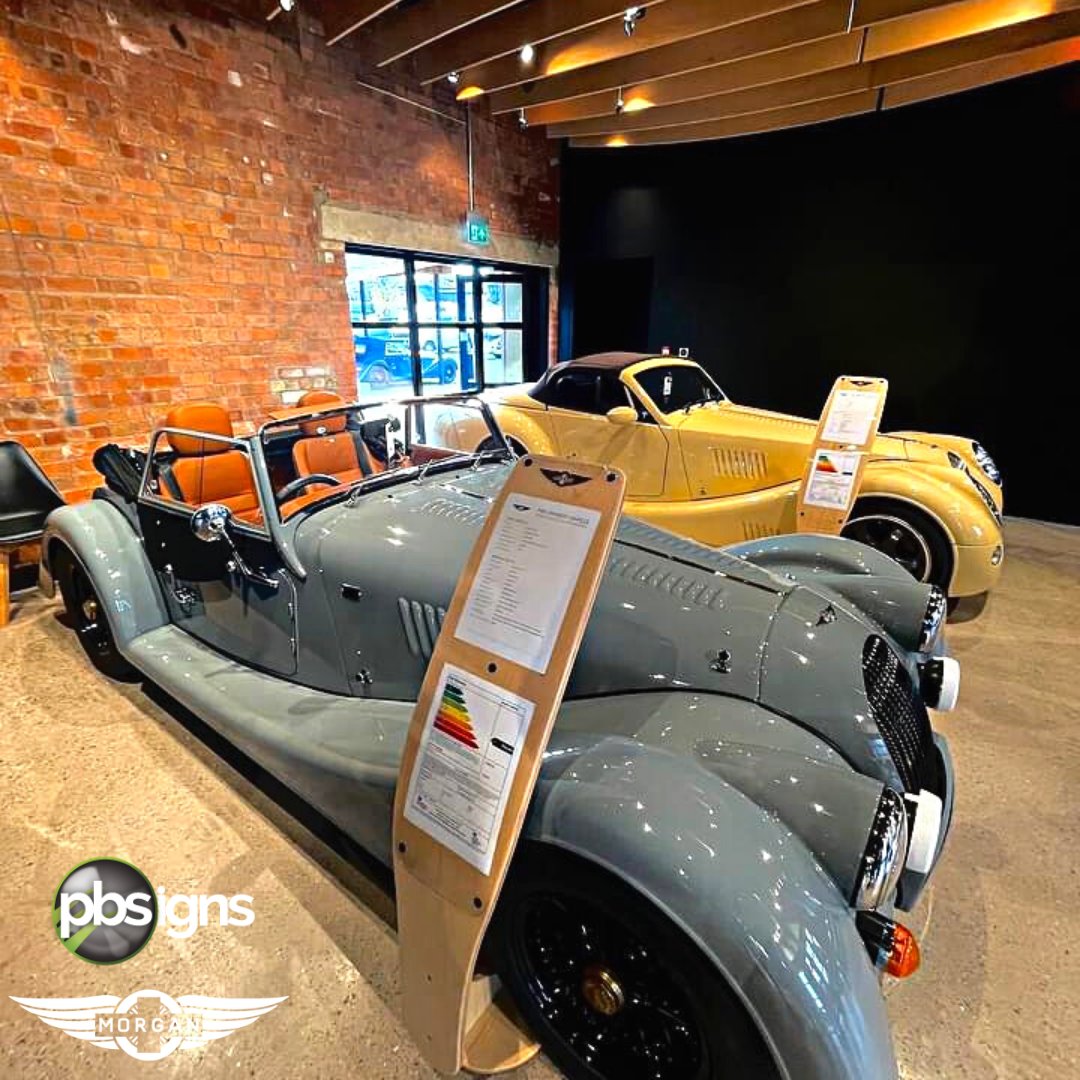 pb_signs's tweet image. Bespoke 'Silent Saleman' for @morganmotor We produced clear branded sheets which adhere to the stands with magnets. The stands themselves were hand crafted in Ash wood by Morgan's technicians. #bespokesignage #bespokesigns #retailsignage #printpartner #pointofsale #qualityquickly