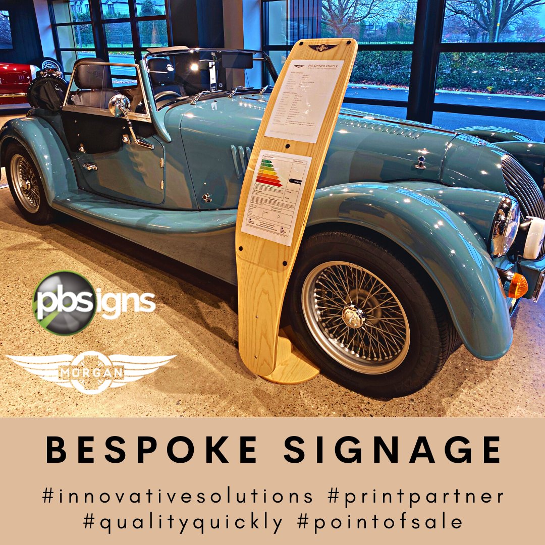 pb_signs's tweet image. Bespoke 'Silent Saleman' for @morganmotor We produced clear branded sheets which adhere to the stands with magnets. The stands themselves were hand crafted in Ash wood by Morgan's technicians. #bespokesignage #bespokesigns #retailsignage #printpartner #pointofsale #qualityquickly
