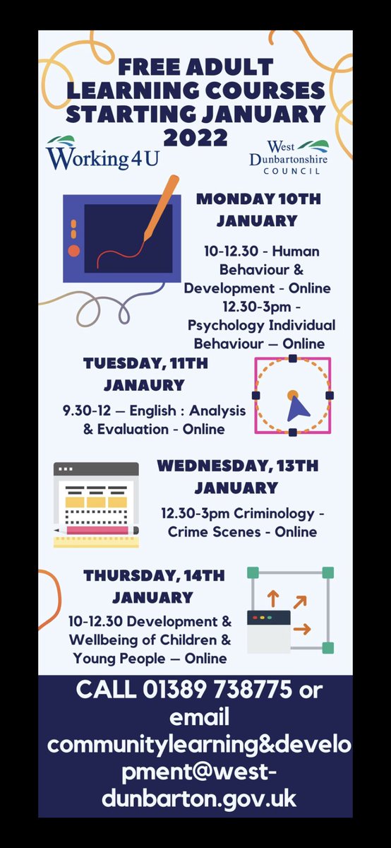 PrimaryBalloch's tweet photo. Free adult learning courses available. A great opportunity for people to build confidence, skills and gain qualifications with @Working4U_WDC https://t.co/dEWXkbudh8