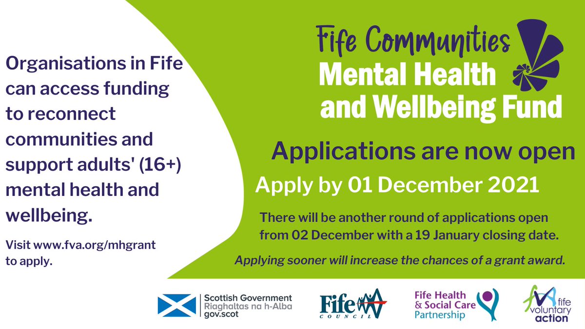 FifeVolAction's tweet photo. ⏳ Round one of the Fife Communities Mental Health and Wellbeing Fund will close in one week. 

We'll then head straight into round two, which will open on 02 December and close on 19 January 2022. 

Visit https://t.co/uD4GocWv0L to apply or for more guidance. https://t.co/3oeLrbRSQ1