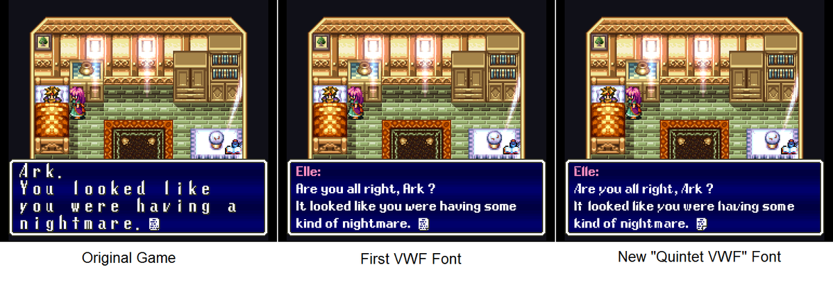 TerranigmaR's tweet photo. As some people absolutely love the Quintet font and were quite sad to see my hack wouldn't use it, I wondered if I could get the Quintet look in a font that uses less pixels. Well... there are a few letters that need work, but here's a preview! Let me know what you think. https://t.co/Teq7FkZLO1
