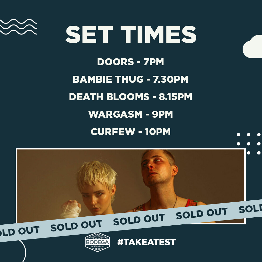 bodeganotts's tweet photo. SET TIMES

A massive Weds show incoming as we welcome the mighty @thisiswargasmuk for a sell-out tonight, alongside @dthblms and @Bambiethug!

Keep everyone safe by taking an LFT before you join us and don't forget we've got pre and post-gig food available from Tacolypto too! https://t.co/JpV9I1TPgE