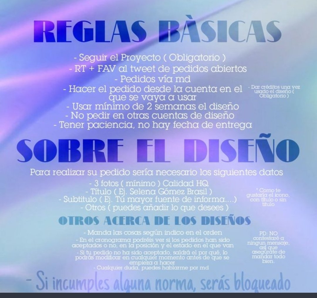 💜 PEDIDOS ABIERTOS 💜

-MUY IMPORTANTE LEER LAS REGLAS

-NO HAY PREVIA DE DISEÑO, POR LO QUE NO SE PUEDEN HACER CAMBIOS, ASI QUE ESPECIFIQUEN BIEN

-VERE MENSAJES PERO NO CONTESTARE, PUEDEN VER EN EL CRONOGRAMA SI ESTAN O NO ACEPTADOS

Cronograma docs.google.com/spreadsheets/d…