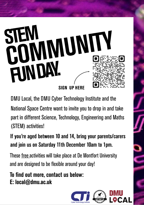 spacecentre's tweet photo. 🚀 We're working with @DMU_Local to run a #STEM Community Fun Day at @dmuleicester on Sat 11 December. We will host drop-in sessions from 10:00-13:00 for young people aged 10-14 &amp; their families.  

🤖 Activities include cyber security, virtual reality &amp; space rover challenges. https://t.co/6dB4jFGR0O
