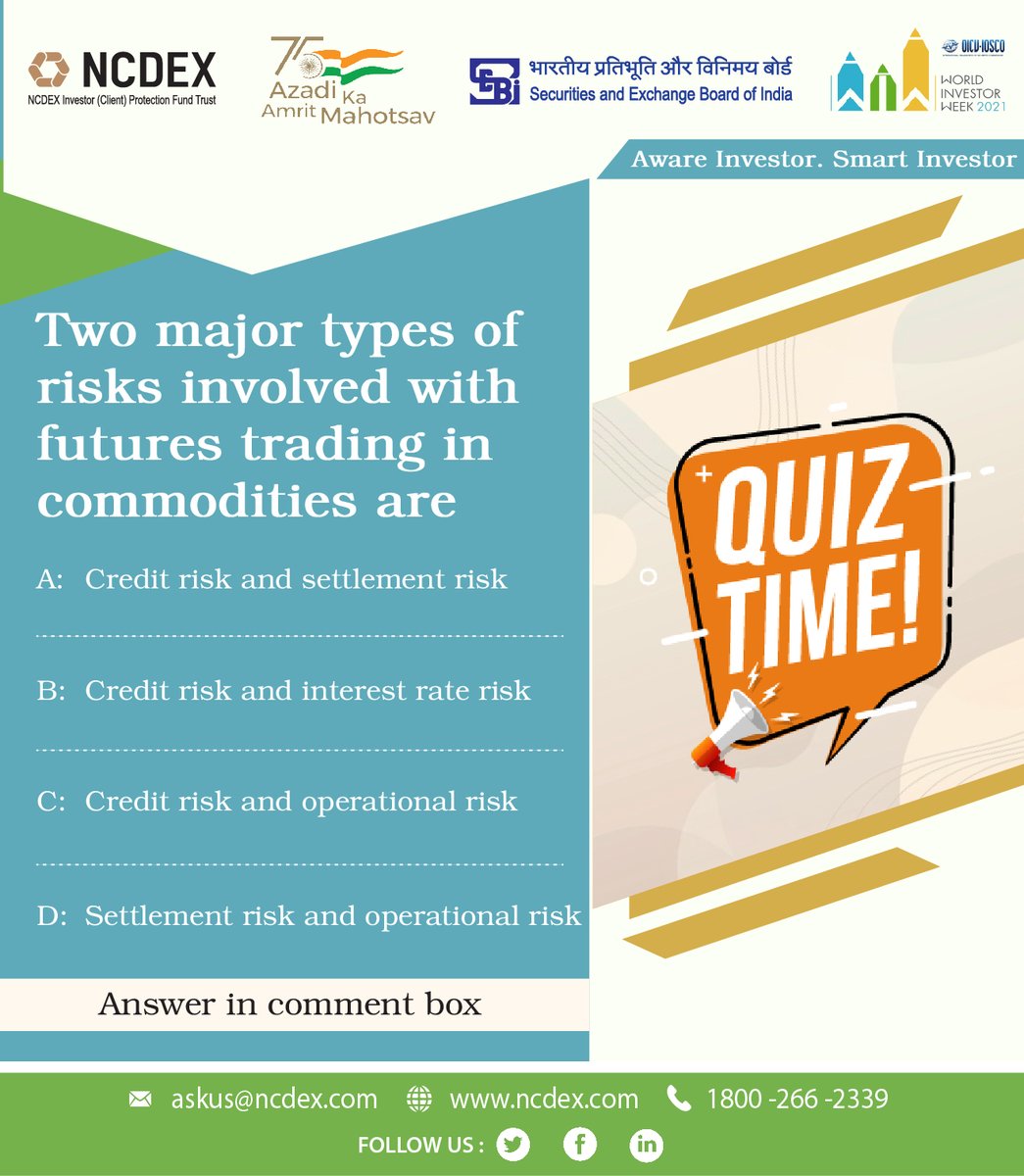 ncdexofficial's tweet photo. #wiw2021  #CommodityKnowledgeQuiz : Day 3

#AwareInvestorSmartInvestor #investorawareness #azadikaamritmahotsav https://t.co/gLKyUA31sU