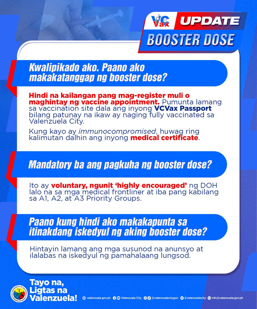 valenzuelacity's tweet photo. @rex_gatchalian Para sa iskedyul, lugar, at iba pang mga detalye, basahin ang FAQs na ito.

Maaari din ma-access ang FAQs sa https://t.co/qYkwdLB07n

#Booster #VCVaxBooster https://t.co/4SVwQLd9SM