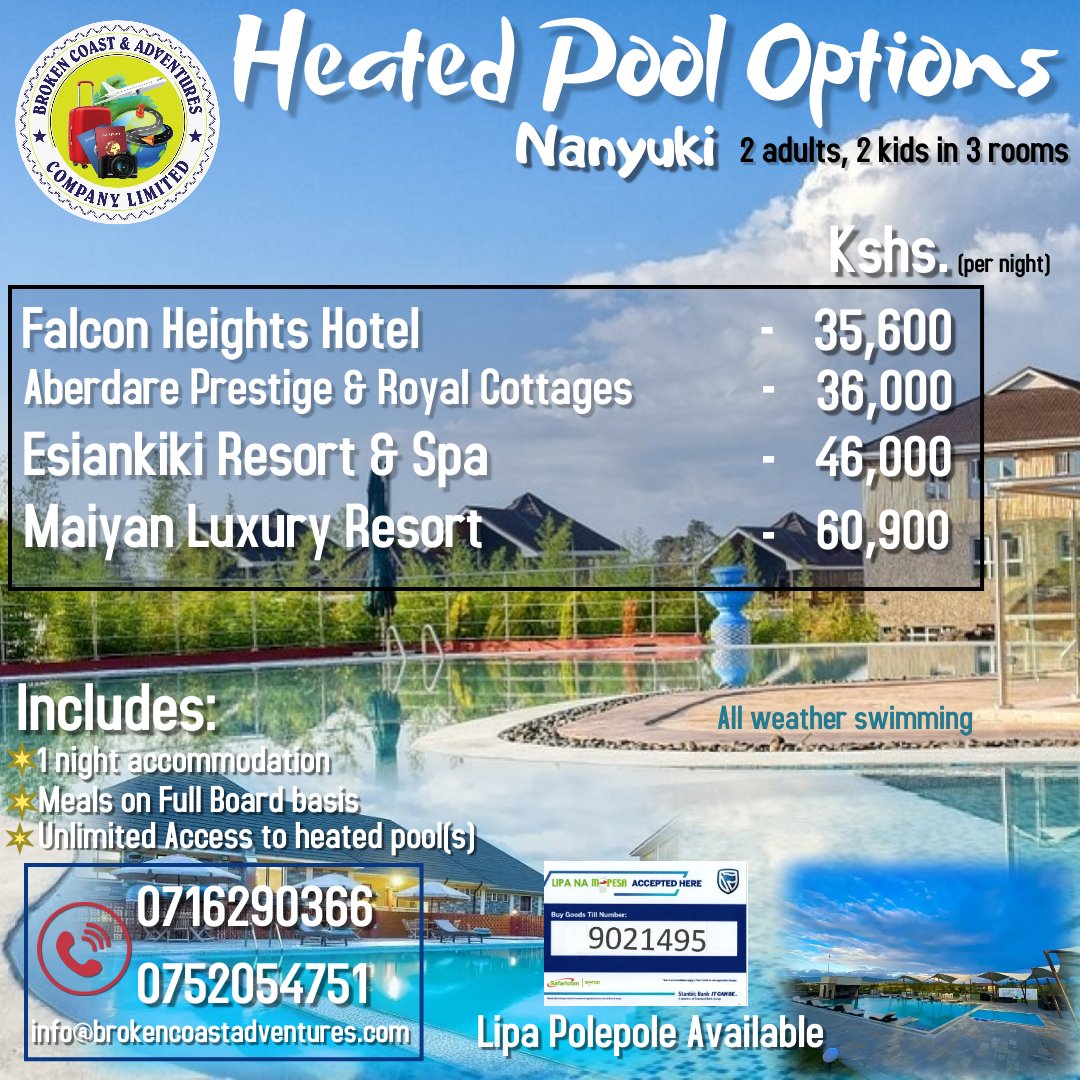 CoastBroken's tweet photo. Let the cold weather not to hold you back from  going for that swim a few of the many options are listed below hotels with heated pools #zurunabrokencoast #LetsExploretogether #twendemaiyan #zurulaikipia #zurunakws #Tembeakenya
0716290366/0752054751
info@brokencoastadventures.com https://t.co/fSdyWNDeco